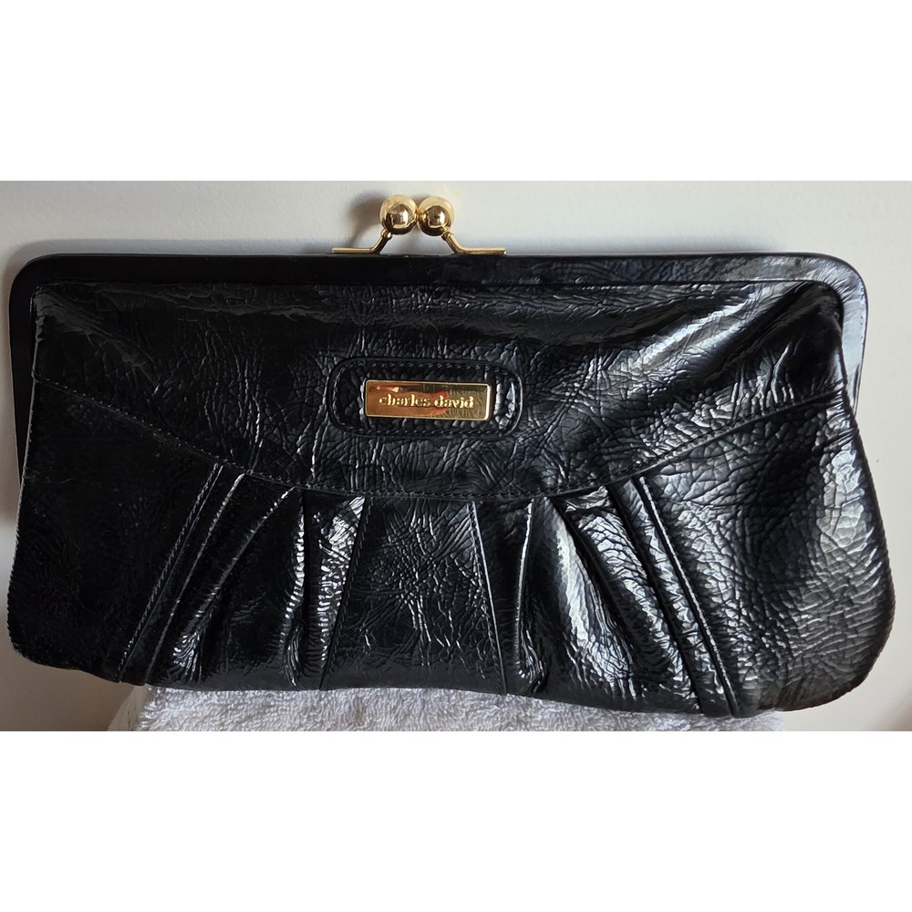 Charles David Patent Leather Clutch Black Classic Evening Bag Purse Handbag